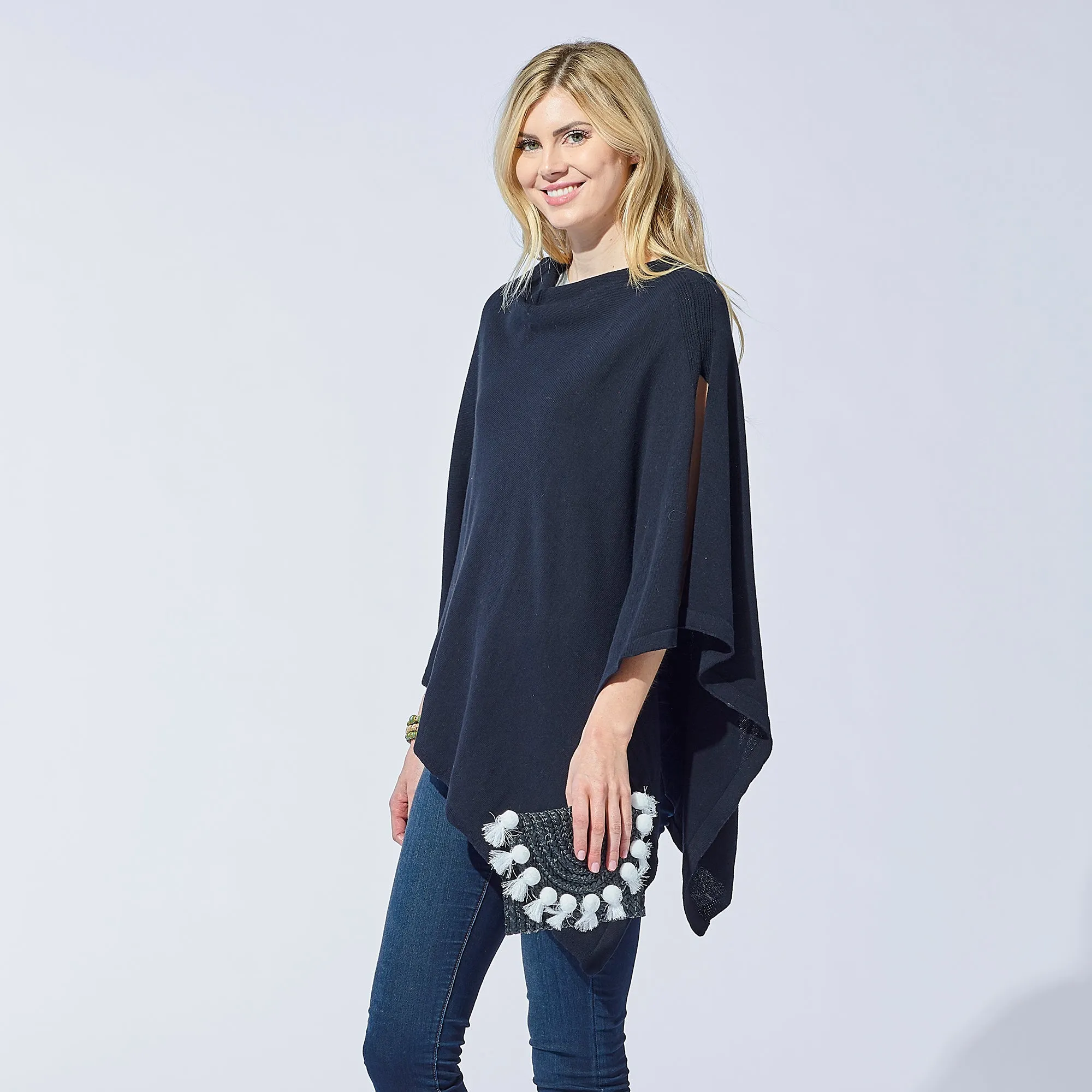 Elegant Solid Cotton Poncho - Black
